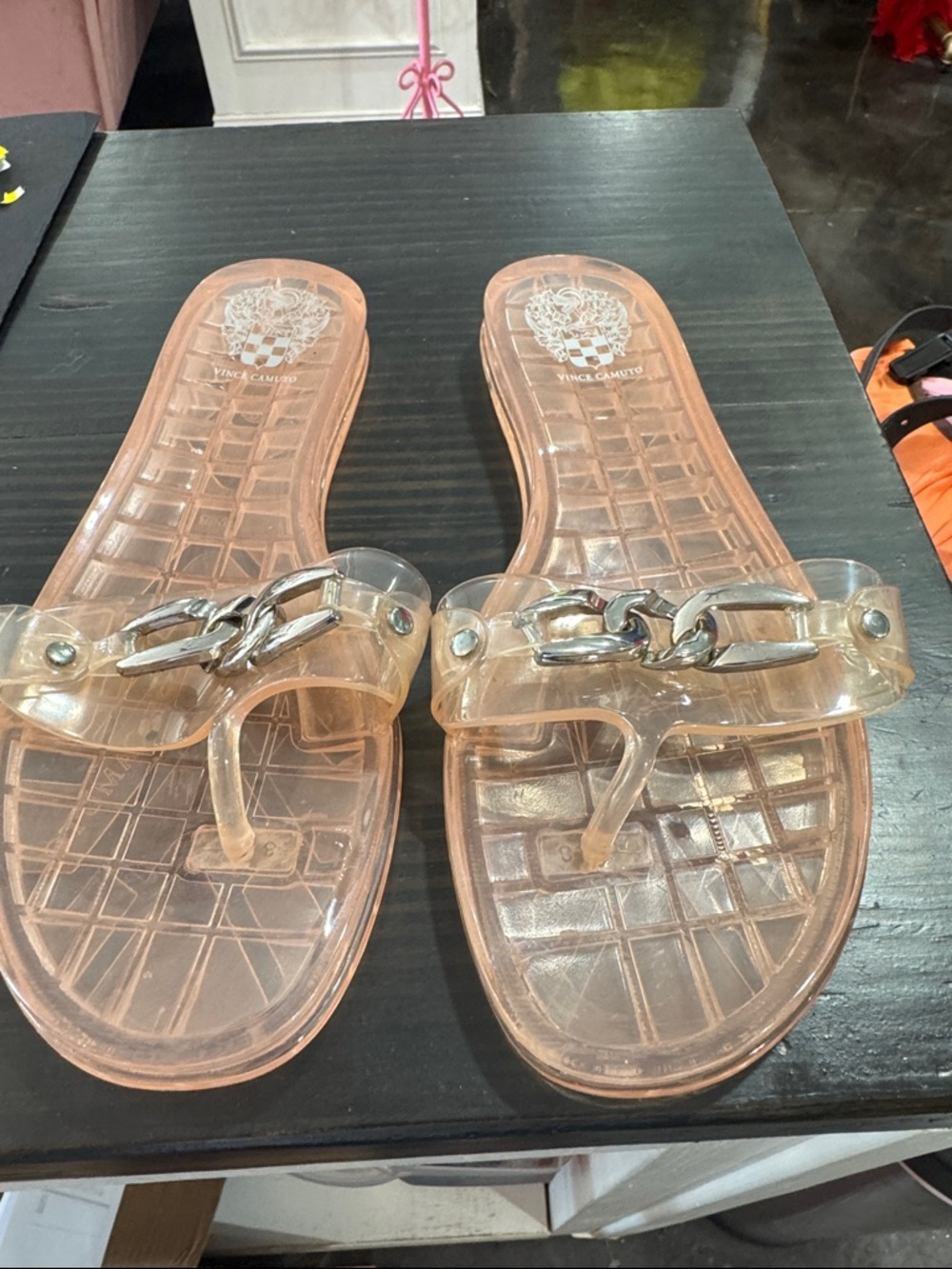 Vince Camuto Translucent Pink Jelly Thong Sandals with Silver Chain